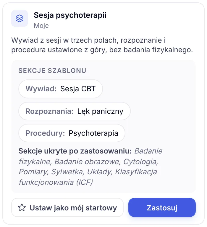 Szablon Sesja psychoterapii w ZenMed z sekcjami wywiadu, rozpoznania i procedury oraz sekcjami ukrytymi po zastosowaniu
