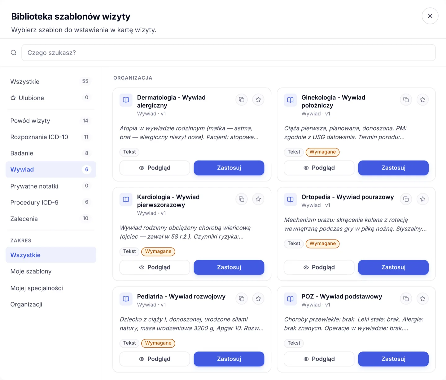 Biblioteka szablonów wizyty w ZenMed z podziałem na wywiad, badanie, rozpoznanie ICD-10 i zalecenia