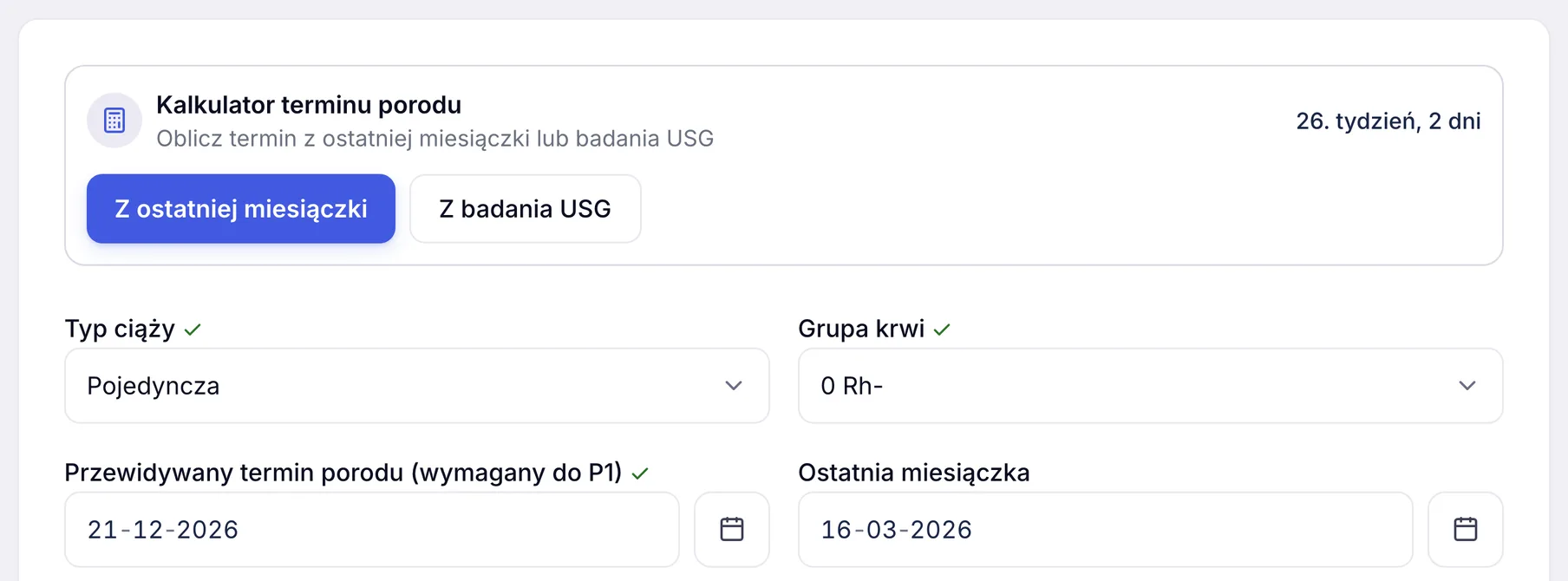 Kalkulator terminu porodu w karcie ciąży ZenMed, termin liczony z ostatniej miesiączki albo z badania USG