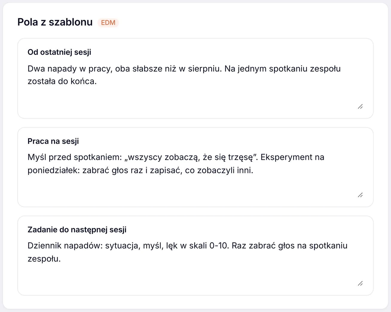 Pola z szablonu na wizycie w ZenMed z notatką od ostatniej sesji, pracą na sesji i zadaniem do następnej sesji